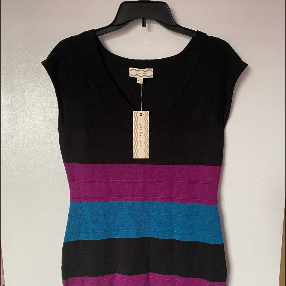 Pink Rose Striped Knit Dress, Color-block, L